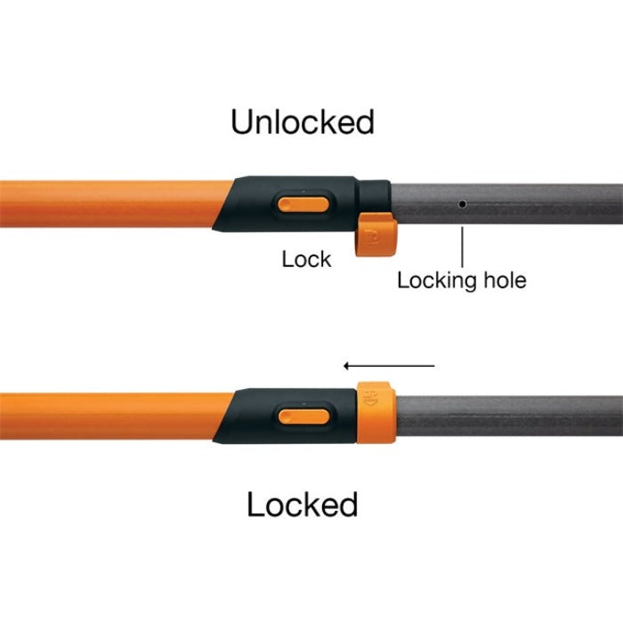 Extendable pole saw locking mechanism, showing locked and unlocked positions.
