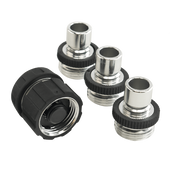 Dramm Aluminum Quick Change Set: 3 chrome & 1 black quick-connect hose fittings.
