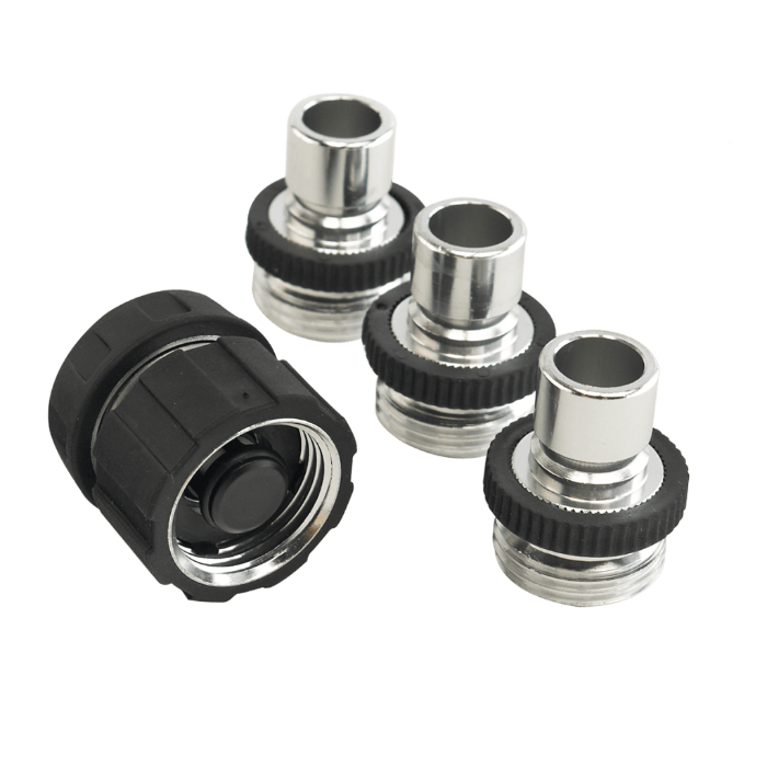 Dramm Aluminum Quick Change Set: 3 chrome & 1 black quick-connect hose fittings.
