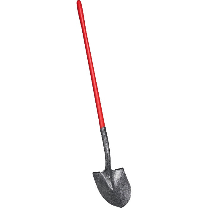 Corona #2 Round Point Shovel: 48-inch tempered steel blade, fiberglass handle, open back for efficient digging.
