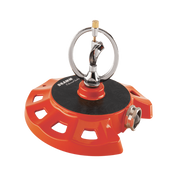 Dramm ColorStorm spinning sprinkler; orange base, chrome nozzle, for even lawn watering.

