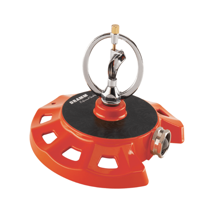 Dramm ColorStorm spinning sprinkler; orange base, chrome nozzle, for even lawn watering.
