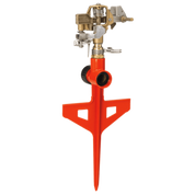 Dramm ColorStorm Impulse Circular Stake Sprinkler: Orange, brass, and silver circular sprinkler with adjustable spray pattern for efficient lawn watering.
