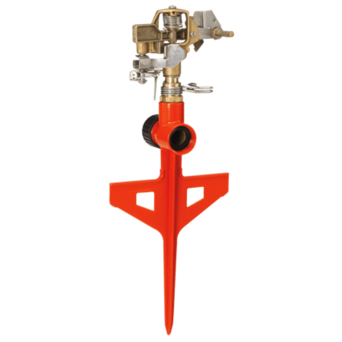 Dramm ColorStorm Impulse Circular Stake Sprinkler: Orange, brass, and silver circular sprinkler with adjustable spray pattern for efficient lawn watering.
