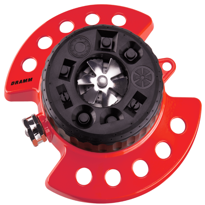Dramm ColorStorm Turret Sprinkler: Red, 9-pattern adjustable sprinkler for even lawn watering.
