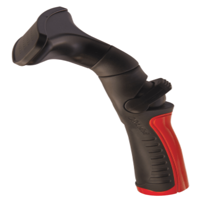 Dramm Fan Nozzle: Ergonomic black and red plastic fan spray nozzle for comfortable watering.
