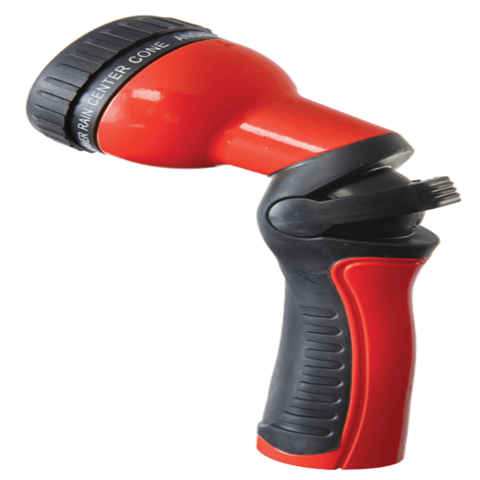 Dramm Revolution 9-pattern spray gun: red & black, ergonomic design, 9 spray settings for watering.
