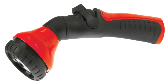 Dramm One Touch Shower and Stream nozzle: red and black, ergonomic design for easy use.
