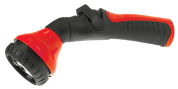 Dramm One Touch Shower and Stream nozzle: red and black, ergonomic design for easy use.
