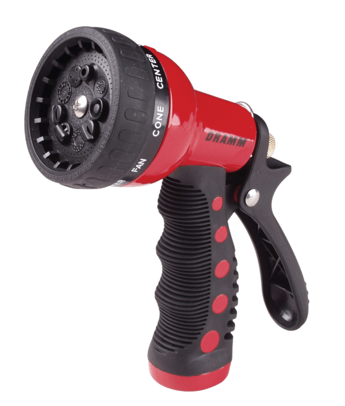 Dramm Revolver 9-pattern spray gun: red & black, 9 spray patterns for versatile watering.
