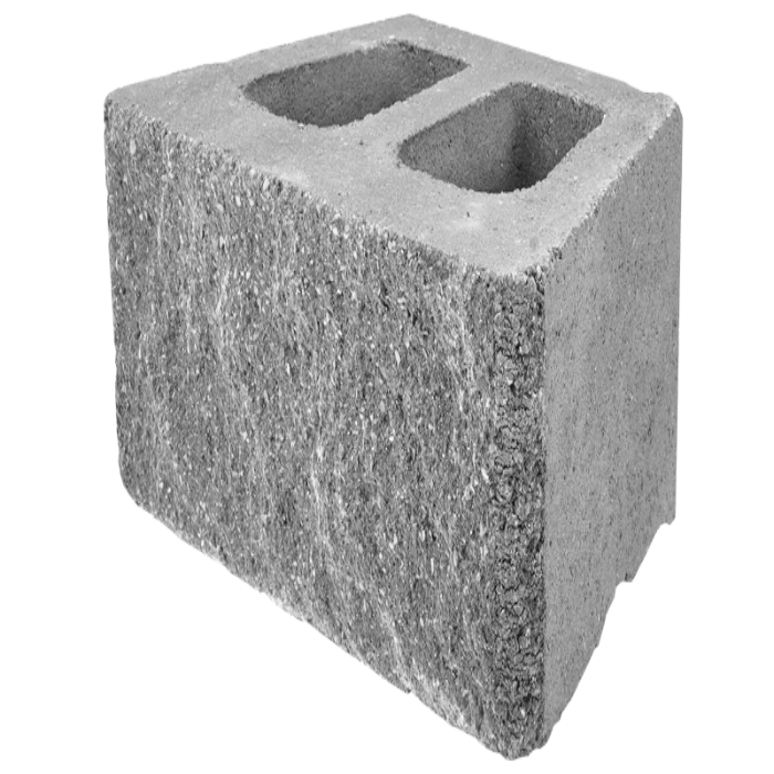 Gray concrete retaining wall block with two holes.
