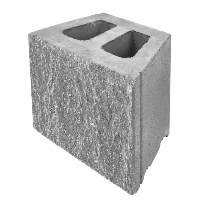 Gray concrete retaining wall block with two centered openings.
