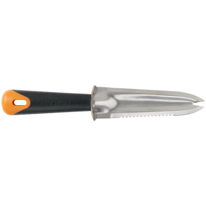Fiskars Big Grip Multipurpose Planting Tool:  Ergonomic black and orange handle, stainless steel blade with serrated edge for easy planting and weeding.
