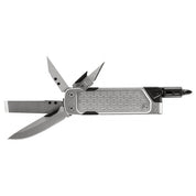 Gerber Lockdown Drive multi-tool: silver, compact design with multiple tools including knife, file, and screwdriver.
