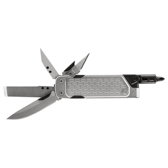 Gerber Lockdown Drive multi-tool: silver, compact design with multiple tools including knife, file, and screwdriver.
