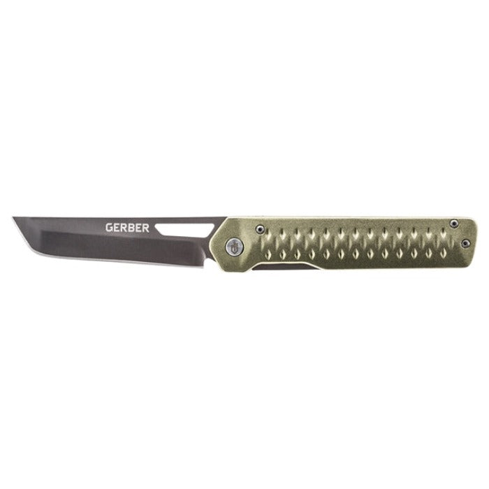Gerber Ayako Knife: Olive Drab handle, dark gray blade, lightweight EDC folding knife.
