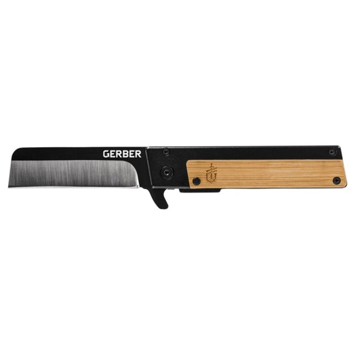 Gerber Quadrant Knife - Bamboo: Black, stainless steel blade with a natural bamboo handle.
