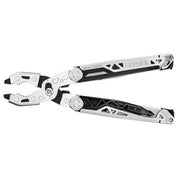 Gerber Dual Force multi-tool: silver and black, featuring pliers, screwdriver, and other tools.
