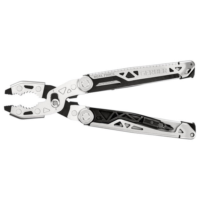Gerber Dual Force multi-tool: silver and black, featuring pliers, screwdriver, and other tools.
