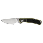 Gerber Downwind Caper knife:  serrated blade, olive drab and black handle.
