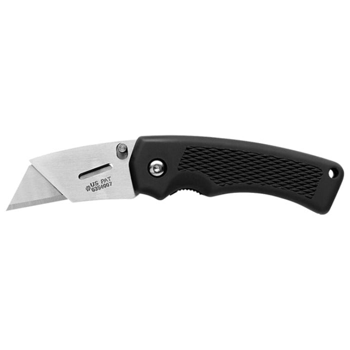 Compact utility knife with textured black handle and a stainless steel blade.
