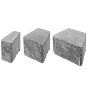 Three gray concrete retaining wall blocks, varying in size, shown against a black background.
