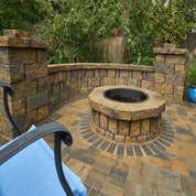 Harington 3-piece freestanding wall fire pit kit; tan & gray blocks, perfect for backyard patios.
