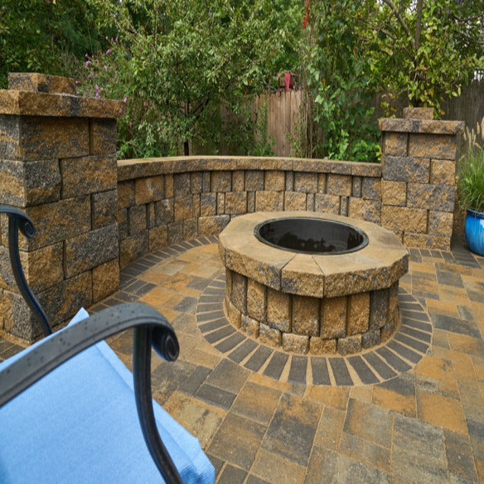 Harington 3-piece freestanding wall fire pit kit; tan & gray blocks, perfect for backyard patios.
