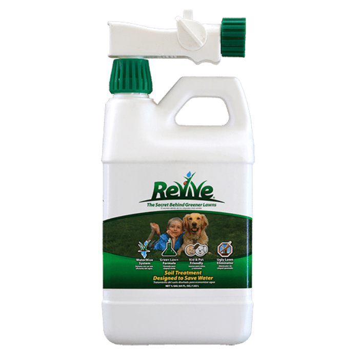 Organix Revive Ready to Spray: 1-gallon soil treatment for greener lawns, saves water, kid & pet friendly.
