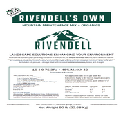 Rivendell's Own Mountain Maintenance Mix: 50lb 16-4-9-7S-3Fe + 45% MethX 40 fertilizer blend for enhanced turf growth & disease resistance.
