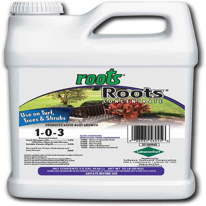 ROOTS Concentrate Rooting Stimulant: 2.5-gallon jug, 1-0-3 formula, promotes rapid root growth for turf, trees & shrubs.
