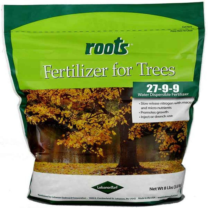 ROOTS Fertilizer for Trees 27-9-9: 8 lbs bag, water-dispersible, slow-release nitrogen, promotes tree growth.
