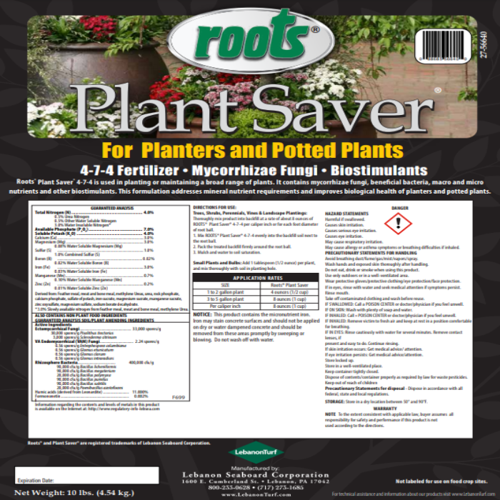 Plant Saver 4-7-4 fertilizer label: detailed application rates & guaranteed analysis for planters & potted plants.

