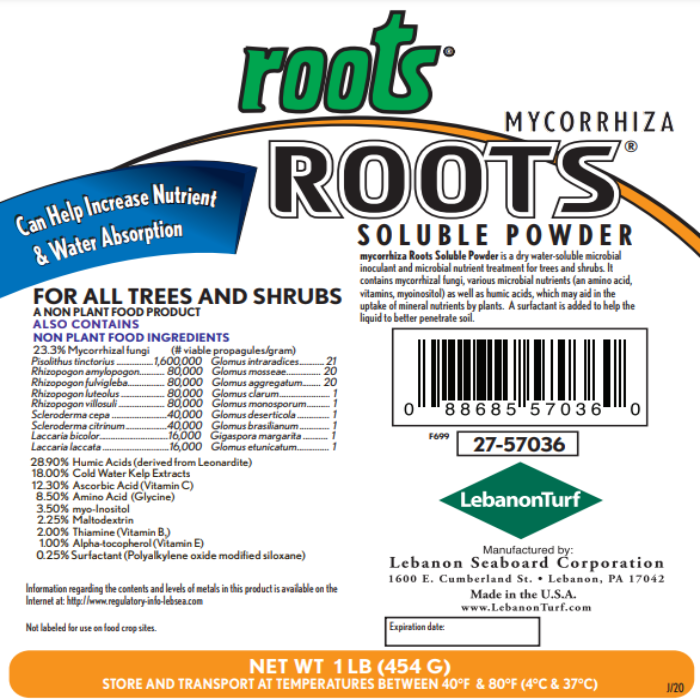 Mycorrhizal powder label: detailed ingredient list & application for trees & shrubs.
