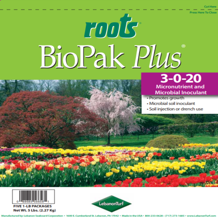 BioPak Plus 3-0-20 micronutrient & microbial inoculant package; lush garden backdrop.

