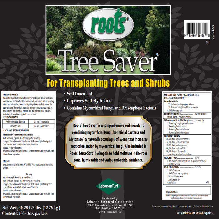 Tree Saver soil inoculant product label: details application, ingredients (mycorrhizal fungi, beneficial bacteria), and use for transplanting trees & shrubs.
