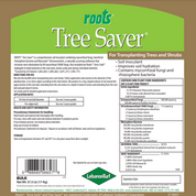Tree Saver soil inoculant product label, detailing application rates and ingredients for transplanting trees and shrubs.
