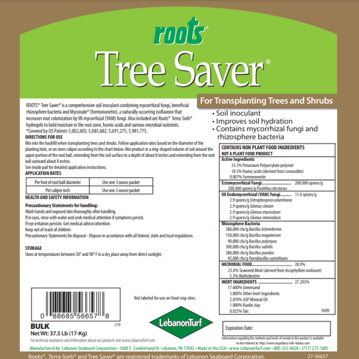 Tree Saver soil inoculant product label, detailing application rates and ingredients for transplanting trees and shrubs.
