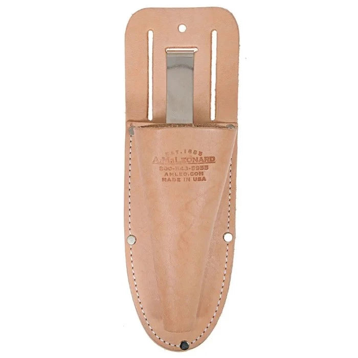 AM Leonard leather sheath for soil knife, tan, with metal clip.
