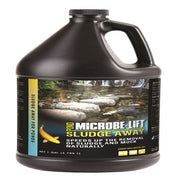 One-gallon jug of pond sludge remover; product label shows tranquil pond scene.
