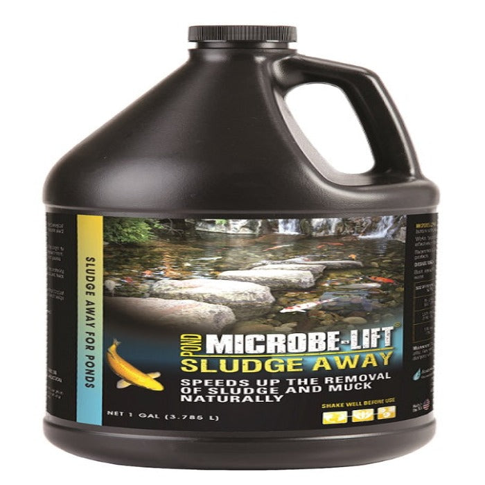 One-gallon jug of pond sludge remover; product label shows tranquil pond scene.

