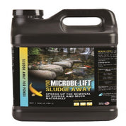 One-gallon jug of pond sludge remover; product label shows tranquil pond scene.
