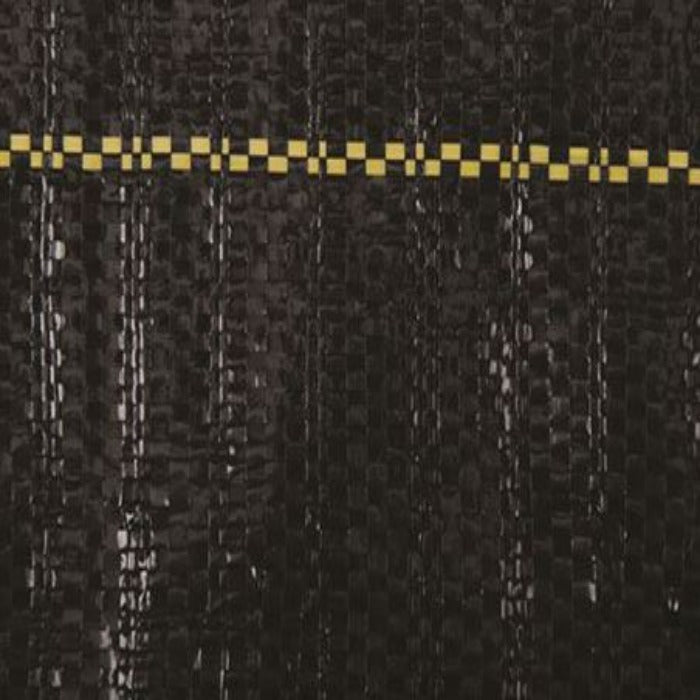 Black woven ground cover with a yellow checkered stripe detail.
