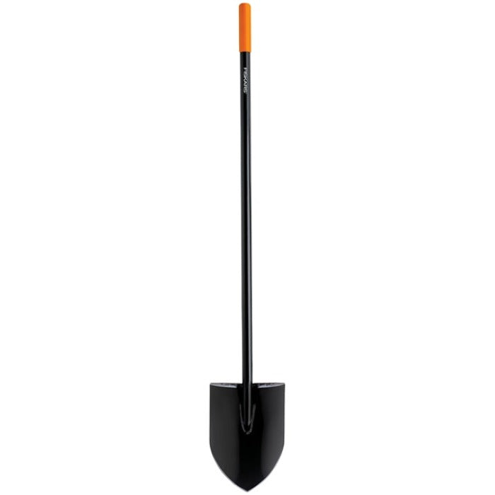 Fiskars Steel Long-Handled Digging Shovel: black steel blade, long orange-handled for gardening.
