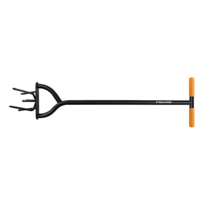Fiskars Steel Handle Tiller: Black steel tiller with orange T-handle for easy gardening.

