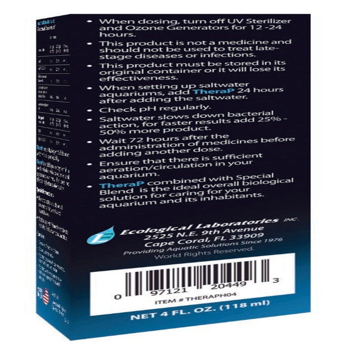 Aquarium product label with instructions, dosage information, and contact details.
