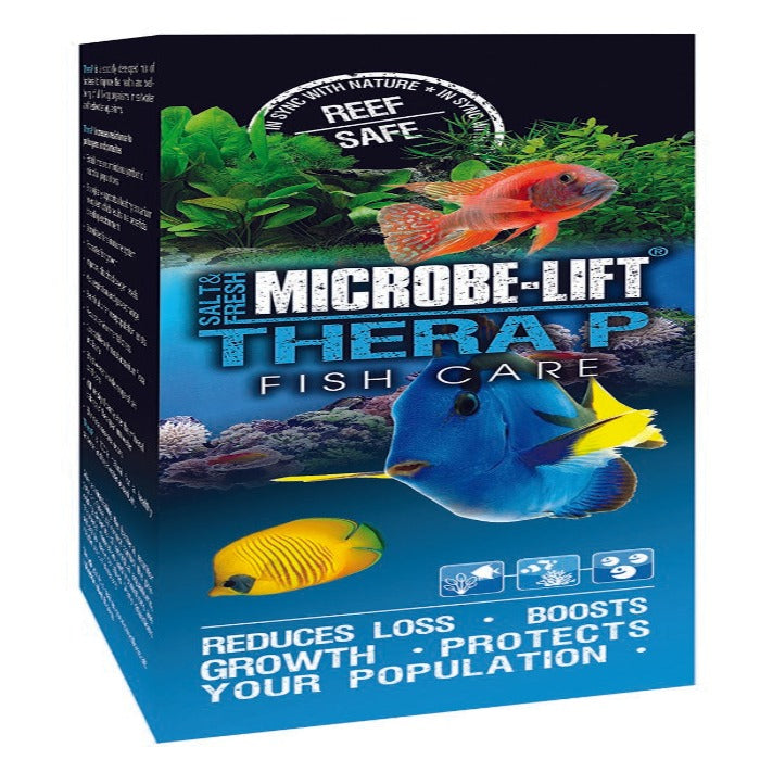 Fish care product box featuring vibrant underwater scene, promising growth and population protection.

