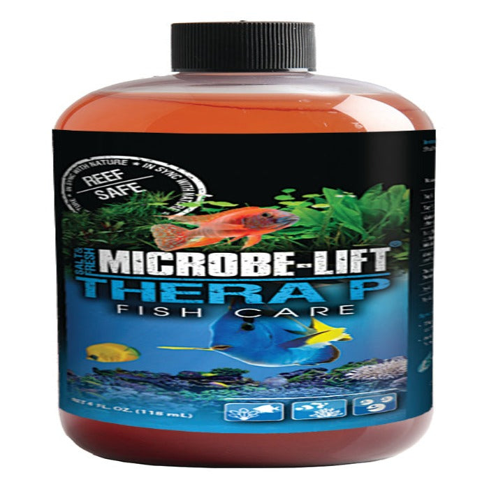Microbe-Lift TheraP Fish Care: 118ml bottle, reef-safe formula for saltwater & freshwater aquariums.
