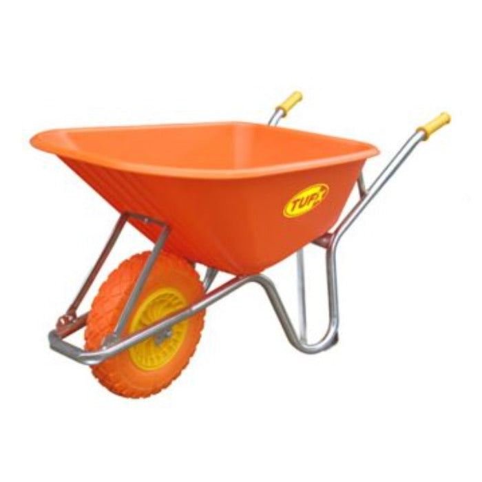 TUFP 6 cu ft orange plastic wheelbarrow with steel handles and pneumatic tire
