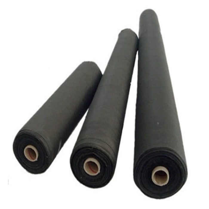 Black pond liner underlayment rolls, various sizes, for durable pond construction.
